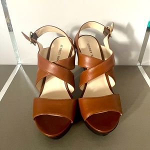 AUDREY BROOKE - Leather Criss Cross Strap Heels, open-toe, warm brown color
